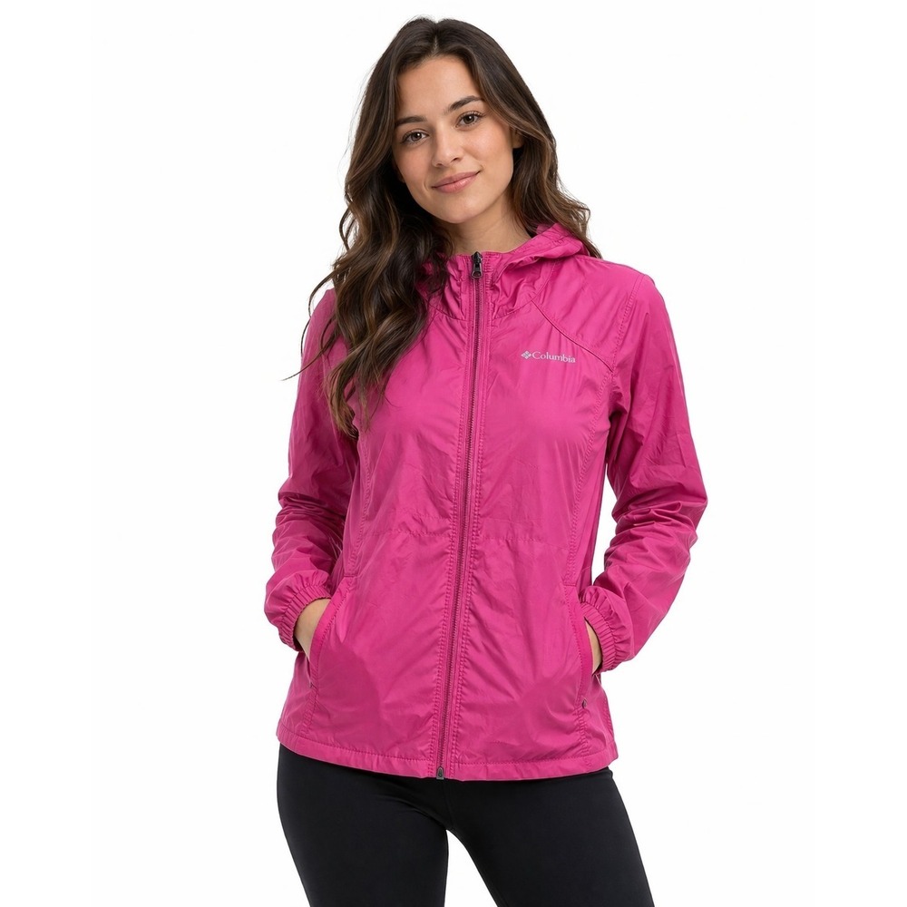 Columbia Rain Windbreaker  Jacket Hot Pink Nylon‎ Full Zip Front Size M 10/12